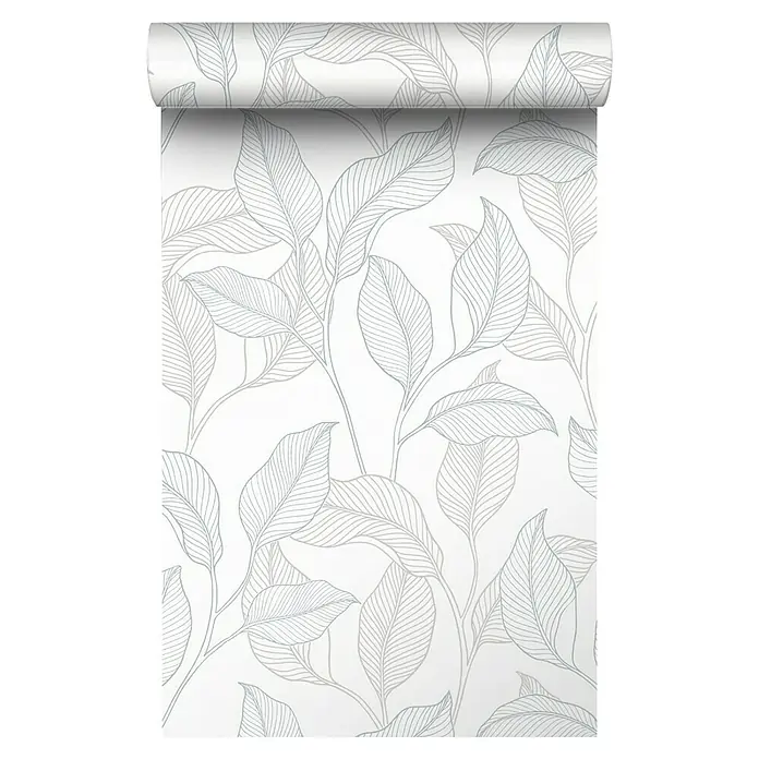 Papel pintado Vegetal Hojas - Azul, Floral, 10 x 0,53 m - Un rollo de papel pintado elegante con diseño de hojas en tonos neutros, que ofrece un diseño elegante y moderno para cualquier habitación.