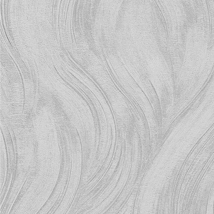Papel pintado Texturado Ondas - Gris, Ondas, 10 x 0,53 m - Un primer plano de una pared con un patrón sutil y arremolinado en un tono gris claro, que añade textura y profundidad.