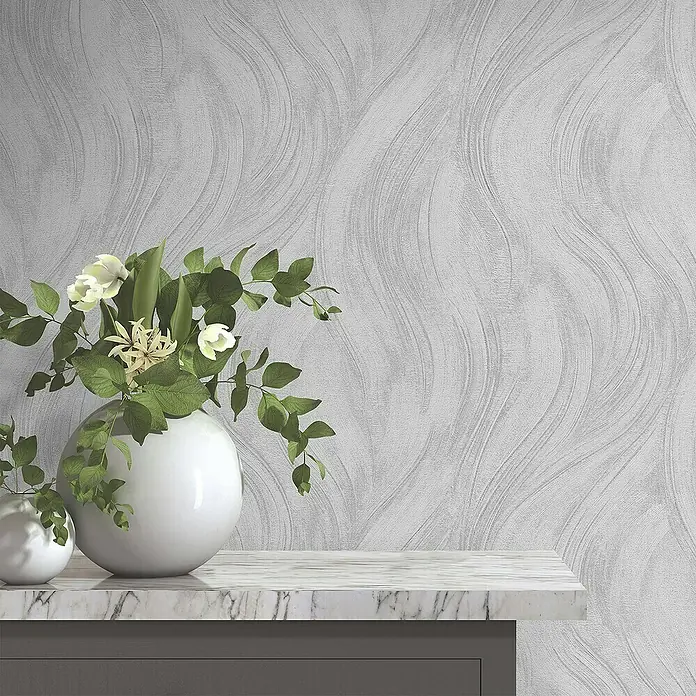Papel pintado Texturado Ondas - Gris, Ondas, 10 x 0,53 m - Elegante papel pintado en gris con líneas curvas y elegantes. Perfecto para un diseño de interiores moderno y un ambiente armonioso.