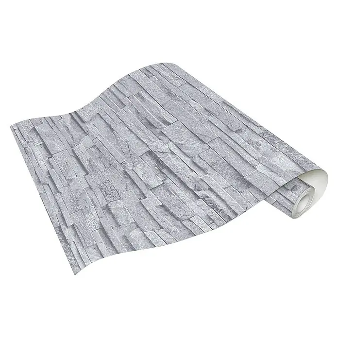 Papel pintado Piedra - Gris, Efecto piedra, 10 x 0,53 m - Un rollo de papel tapiz con un diseño de ladrillos grises, perfecto para una decoración de pared moderna que ofrece un elegante patrón de revestimiento de pared.