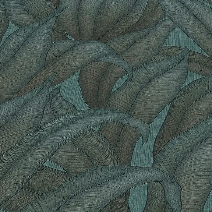 Papel pintado Hojas Botánico - Verde, Floral, 10 x 0,53 m - Disposición densa de hojas tropicales en azules oscuros y marrones, creando una atmósfera natural y elegante.