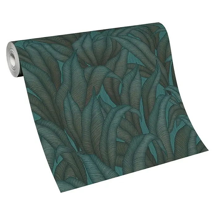 Papel pintado Hojas Botánico - Verde, Floral, 10 x 0,53 m - Un rollo de papel pintado con un denso patrón de hojas verdes y marrones, creando un ambiente tropical ideal para paredes destacadas.