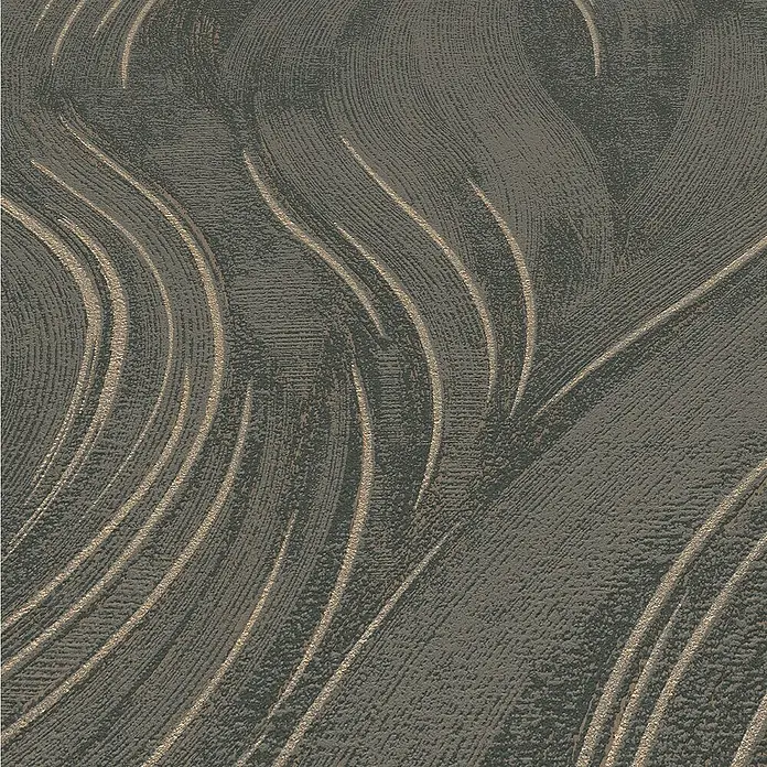 Papel pintado Texturado Ondas - Marrón, Ondas, 10 x 0,53 m - Primer plano de un papel pintado gris con elegantes líneas curvas doradas. Superficie texturizada para una elegante cubierta de pared.