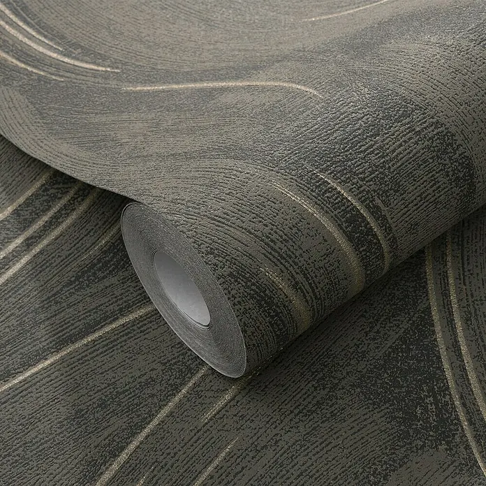 Papel pintado Texturado Ondas - Marrón, Ondas, 10 x 0,53 m - Primer plano de un rollo de papel tapiz oscuro con un patrón abstracto y texturizado y detalles dorados.