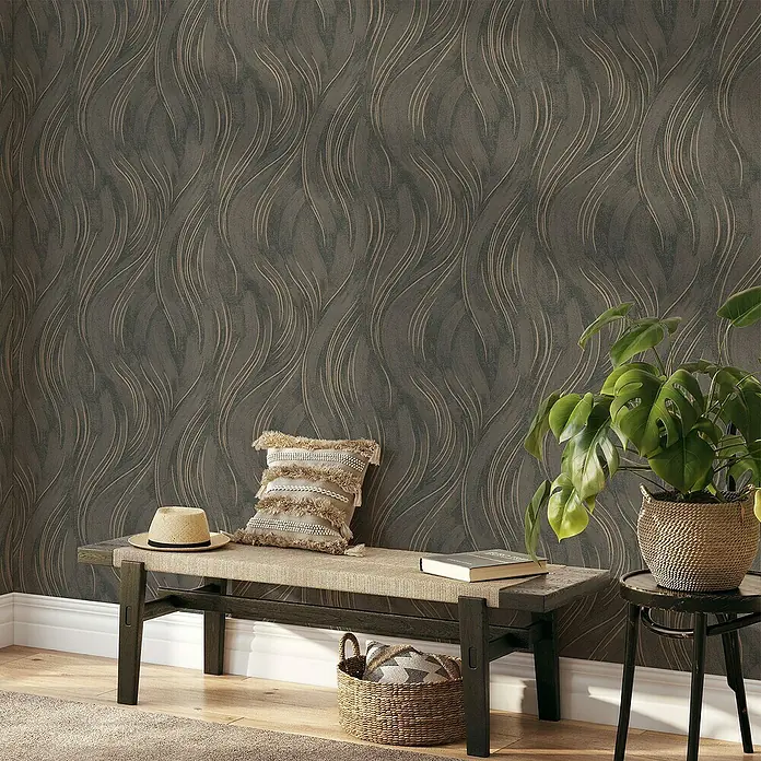 Papel pintado Texturado Ondas - Marrón, Ondas, 10 x 0,53 m - Elegante papel pintado oscuro con diseño sinuoso. Crea un ambiente moderno y elegante en la habitación con toques sutiles de color.