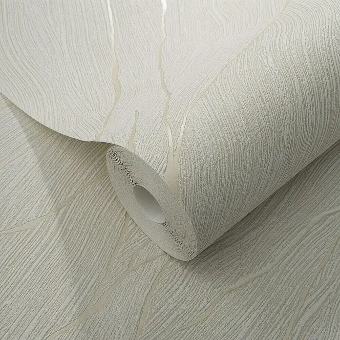 Papel pintado Texturado Mármol - Blanco, Efecto piedra, 10 x 0,53 m - Primer plano de un rollo de papel tapiz beige con diseño de árbol, que muestra un diseño elegante y natural para la decoración de interiores.