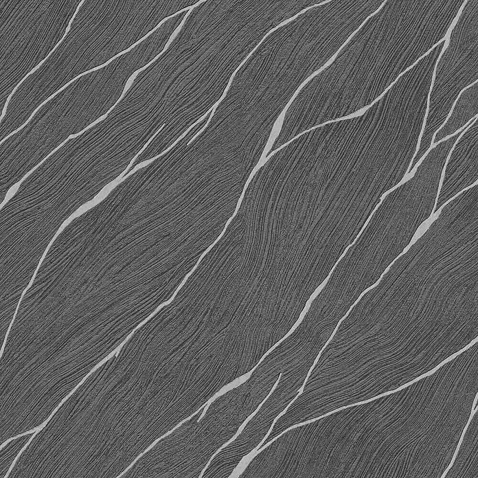 Papel pintado Texturado Mármol - Negro, Efecto piedra, 10 x 0,53 m - Patrón abstracto de textura gris con líneas brillantes y sinuosas, que ofrece un aspecto moderno y elegante para revestimientos de paredes.