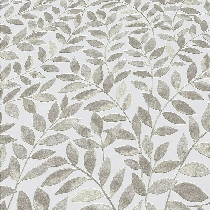Papel pintado Hojas Vegetal - Marrón, Floral, 10 x 0,53 m - Primer plano de una alfombra con un diseño de hojas marrón pálido sobre un fondo blanco.