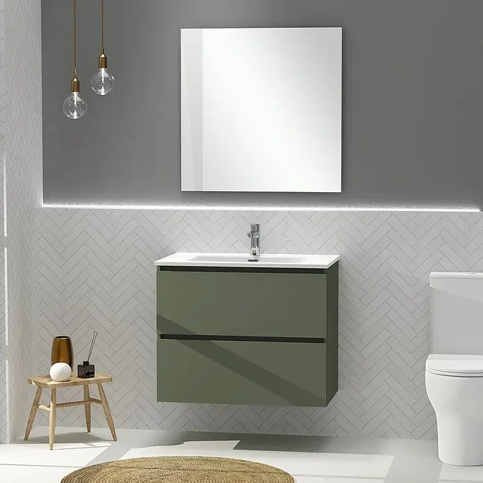 Artysan Conjunto de mueble de baño Harmony - Ancho: 80 cm, Verde musgo, 3 pzs. - Un baño moderno con un tocador flotante de color verde oliva y un espejo cuadrado.