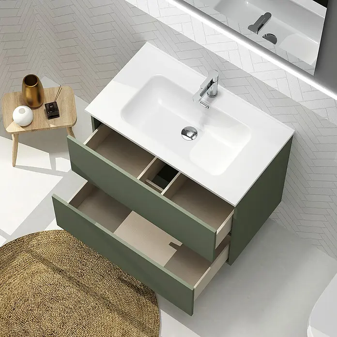 Artysan Conjunto de mueble de baño Harmony - Ancho: 80 cm, Verde musgo, 3 pzs. - Vista superior de un tocador de baño moderno con un lavabo, encimeras blancas y cajones verdes abiertos.