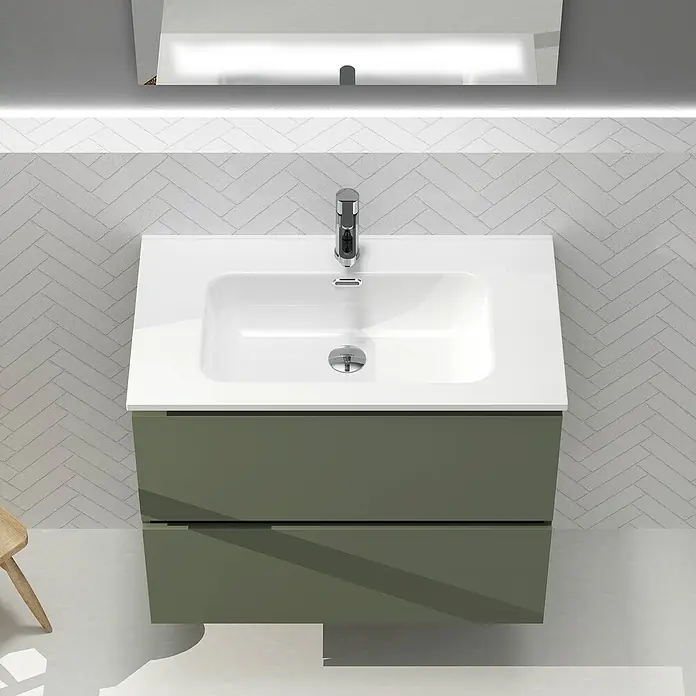 Artysan Conjunto de mueble de baño Harmony - Ancho: 80 cm, Verde musgo, 3 pzs. - Moderno mueble de baño verde con un elegante lavabo blanco y grifo minimalista bajo un espejo iluminado para un aspecto elegante.