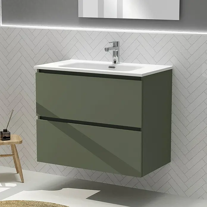 Artysan Conjunto de mueble de baño Harmony - Ancho: 80 cm, Verde musgo, 3 pzs. - Mueble de baño con diseño moderno y dos cajones verde oliva, que incluye lavabo y grifo para un baño elegante.