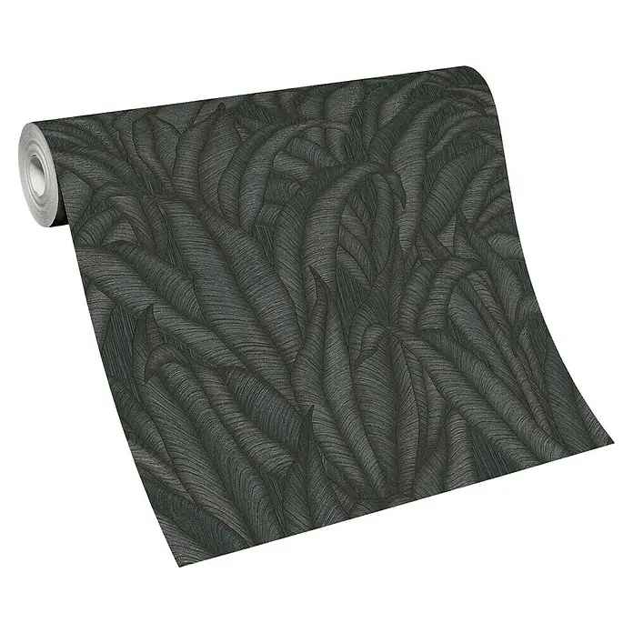 Papel pintado Hojas Botánico - Negro, Floral, 10 x 0,53 m - Un rollo de papel pintado oscuro con un elegante diseño abstracto de plumas, perfecto para una pared sofisticada.