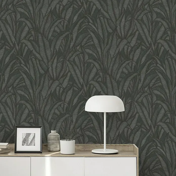 Papel pintado Hojas Botánico - Negro, Floral, 10 x 0,53 m - Elegante papel pintado gris con un estiloso patrón de hojas tropicales, que añade un toque exótico a cualquier estancia y mejora el ambiente.