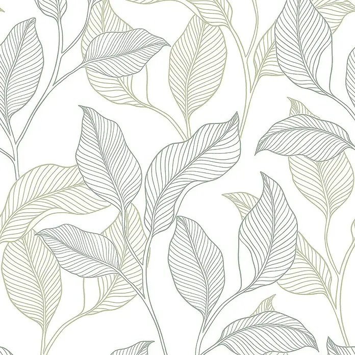 Papel pintado Vegetal Hojas - Verde, Floral, 10 x 0,53 m - Elegante patrón de papel pintado con diseño de hojas y acentos verdes y marrones sobre un fondo blanco nítido para un ambiente fresco y moderno.