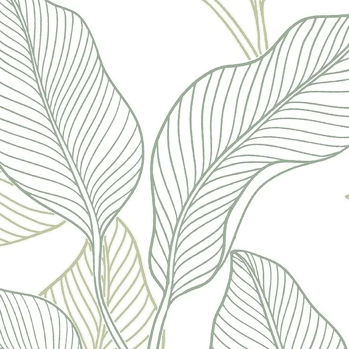 Papel pintado Vegetal Hojas - Verde, Floral, 10 x 0,53 m - Diseño elegante de patrón de hojas con líneas delicadas y colores armónicos, ideal para decoración de paredes modernas y proyectos creativos.