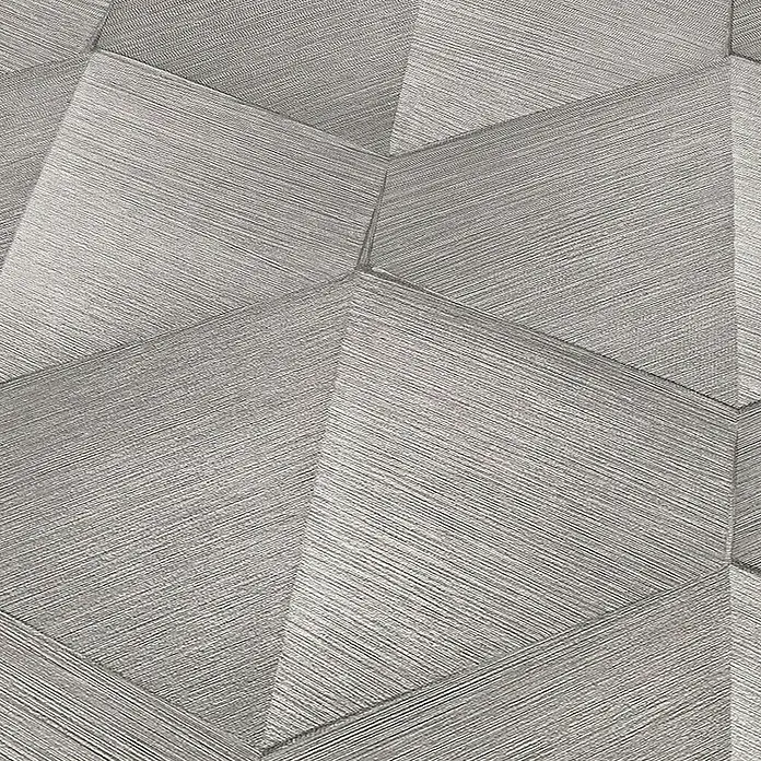 Papel pintado Geométrico - Marrón, Gráfico, 10 x 0,53 m - Papel tapiz 3D de color plateado con formas geométricas y una textura horizontal para decoración de pared moderna.