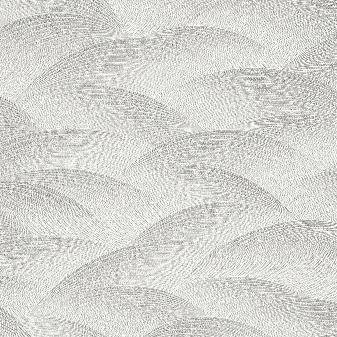 Papel pintado Geométrico Ondas - Gris, Ondas, 10 x 0,53 m - Patrón de papel pintado ondulado blanco con líneas finas, creando un ambiente tranquilo y elegante.