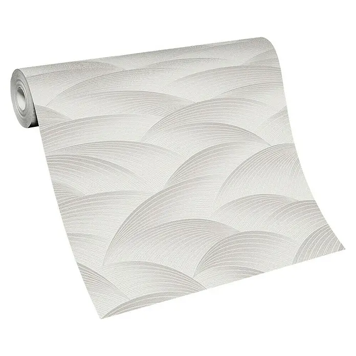 Papel pintado Geométrico Ondas - Gris, Ondas, 10 x 0,53 m - Primer plano de un rollo de papel pintado blanco con un elegante diseño semicircular. Ideal para decoración de paredes con estilo.