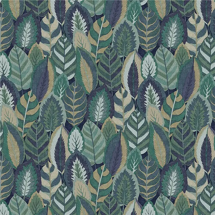 Papel pintado Hojas - Azul, Floral, 10 x 0,53 m - Un exuberante estampado de hojas en varios tonos de verde y un toque de azul, que crea un ambiente relajante y natural.