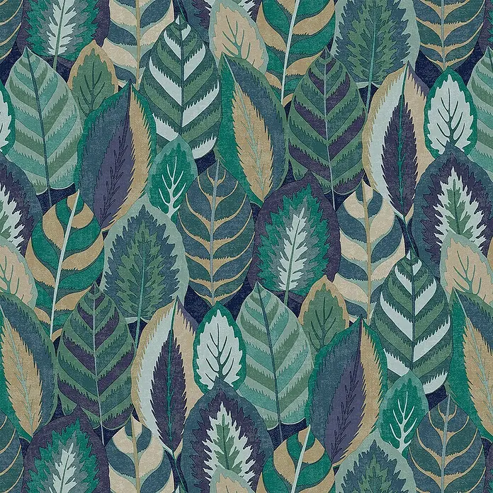 Papel pintado Hojas - Azul, Floral, 10 x 0,53 m - Patrón de hojas tropicales con diversos verdes, marrones y morados sobre un fondo oscuro, para un toque vibrante y natural.
