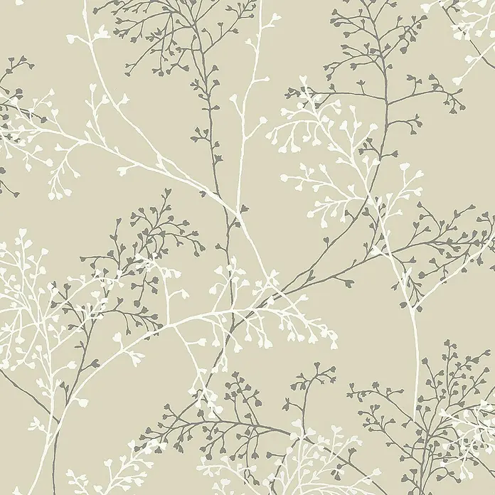 Papel pintado Vegetal Rama - Blanco/Negro, Floral, 10 x 0,53 m - Patrón floral abstracto con delicadas ramas blancas y grises sobre fondo beige, ideal para papeles pintados y textiles con estilo.