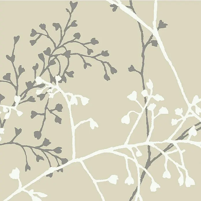 Papel pintado Vegetal Rama - Blanco/Negro, Floral, 10 x 0,53 m - Elegante diseño de papel tapiz con delicadas ramas en gris y blanco sobre fondo beige. Un diseño de pared decorativo para interiores elegantes.