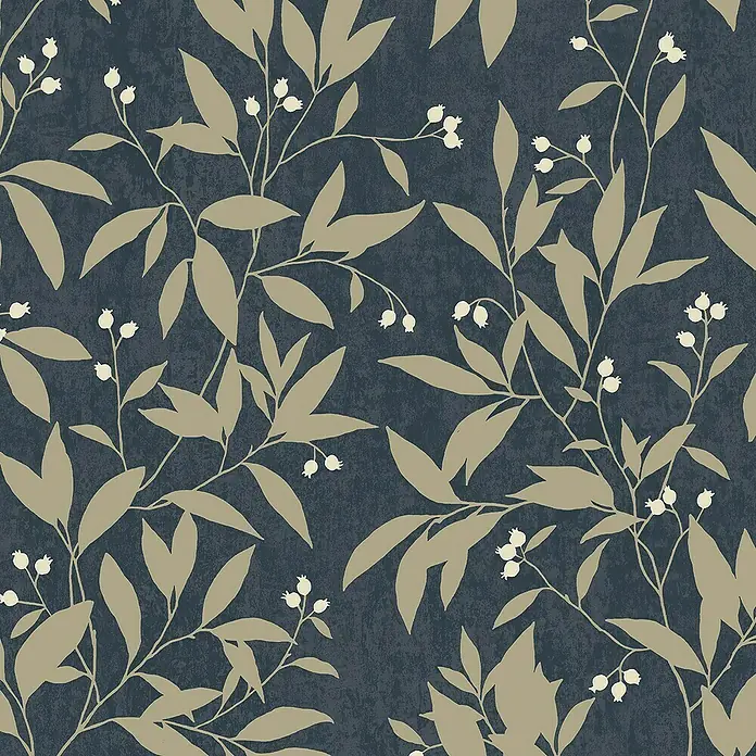 Papel pintado Vegetal Hojas - Azul/Beige, Floral, 10 x 0,53 m - Elegante papel tapiz con un patrón botánico de hojas beige y bayas blancas sobre un fondo oscuro y texturizado.