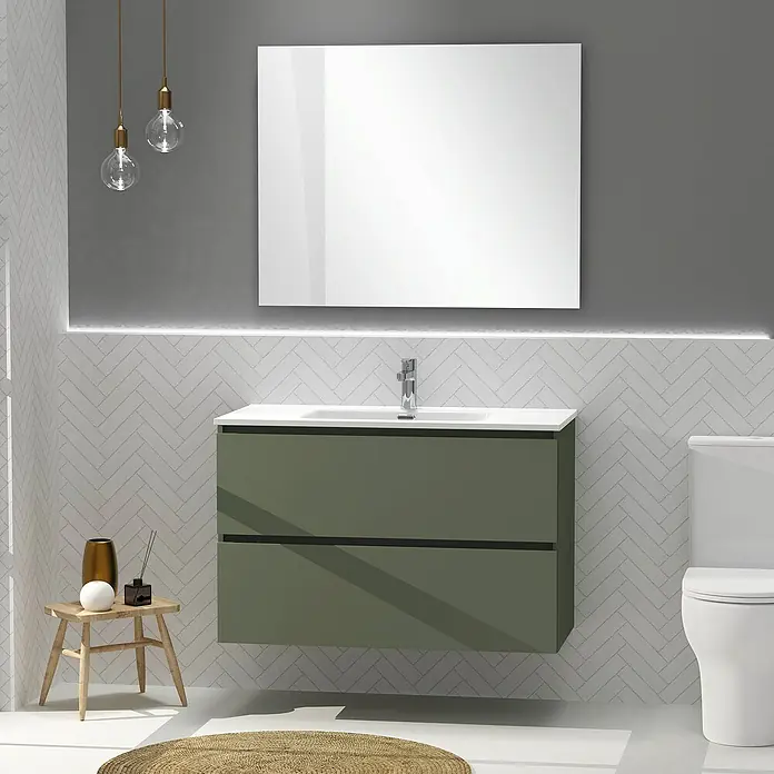 Artysan Conjunto de mueble de baño Harmony - Ancho: 100 cm, Verde musgo, 3 pzs. - Un baño moderno con mueble de lavabo verde, lavabo sobre encimera blanco y espejo rectangular.