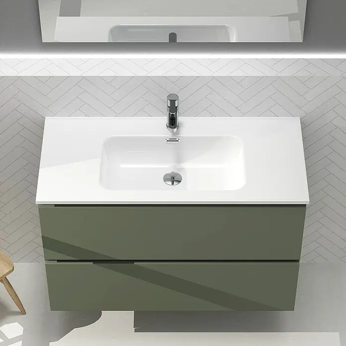 Artysan Conjunto de mueble de baño Harmony - Ancho: 100 cm, Verde musgo, 3 pzs. - Elegante lavabo con mueble bajo en verde oliva y encimera blanca. Diseño contemporáneo para un baño elegante.