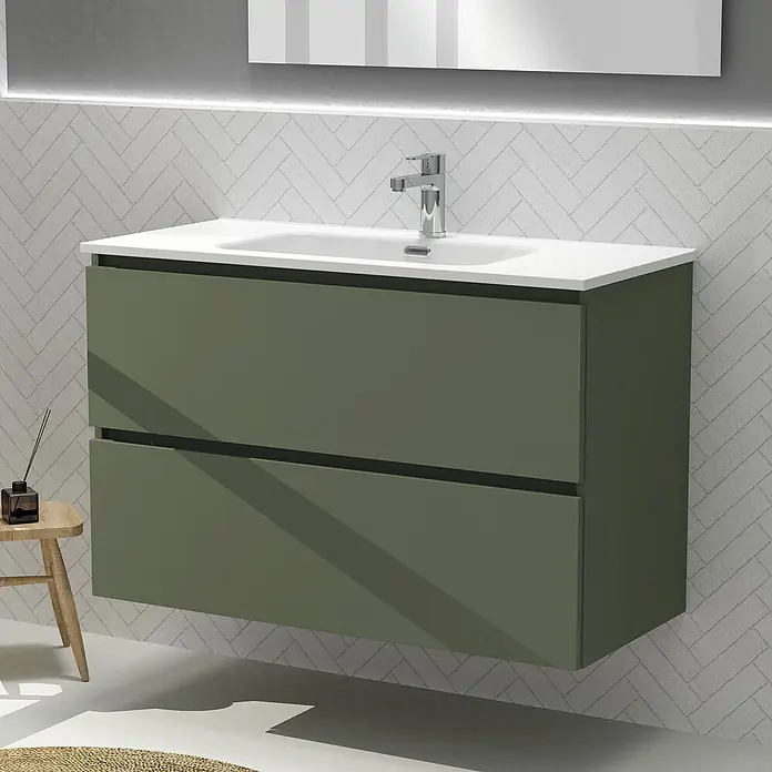 Artysan Conjunto de mueble de baño Harmony - Ancho: 100 cm, Verde musgo, 3 pzs. - Primer plano de un tocador de baño moderno de color verde oliva con dos cajones y una encimera blanca.