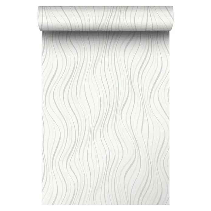 Papel pintado Ondas - Blanco, Ondas, 10 x 0,53 m - Un rollo de papel tapiz gris y blanco con un patrón ondulado, perfecto para un hogar moderno. Agregue un toque de elegancia a cualquier habitación.