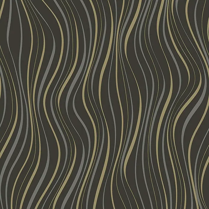 Papel pintado Ondas - Negro, Ondas, 10 x 0,53 m - Elegante papel pintado con líneas onduladas en tonos dorados y grises sobre un fondo oscuro. Crea un diseño de pared moderno y elegante.