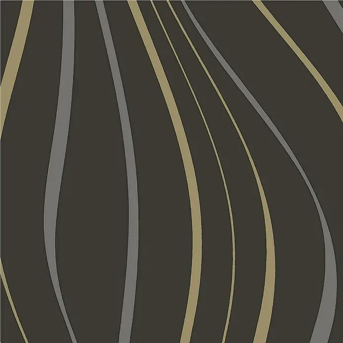 Papel pintado Ondas - Negro, Ondas, 10 x 0,53 m - Patrón abstracto con líneas curvas en tonos grises y dorados sobre un fondo oscuro. Un diseño moderno para arte de pared y textiles.