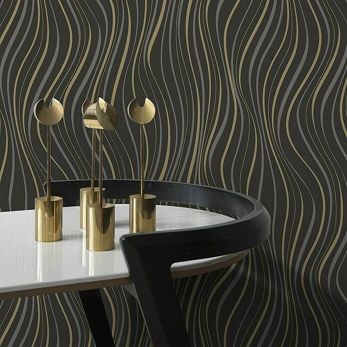 Papel pintado Ondas (Negro, Ondas, 10 x 0,53 m) | BAUHAUS