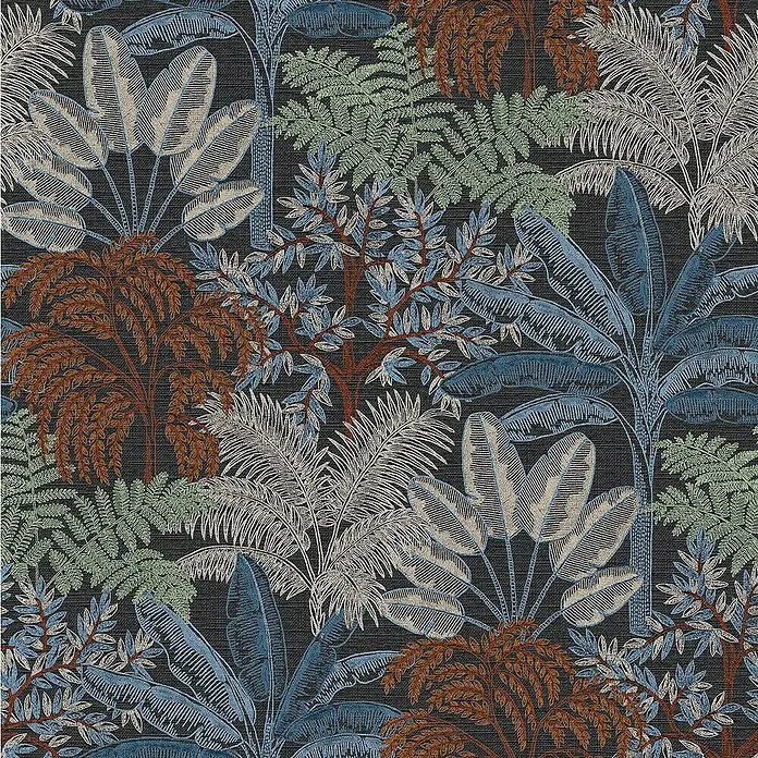 Papel pintado Botánico Palmeras - Negro, Floral, 10 x 0,53 m - Tela oscura con motivos de plantas tropicales en tonos marrones, azules y verdes. Ideal para textiles y decoraciones elegantes.