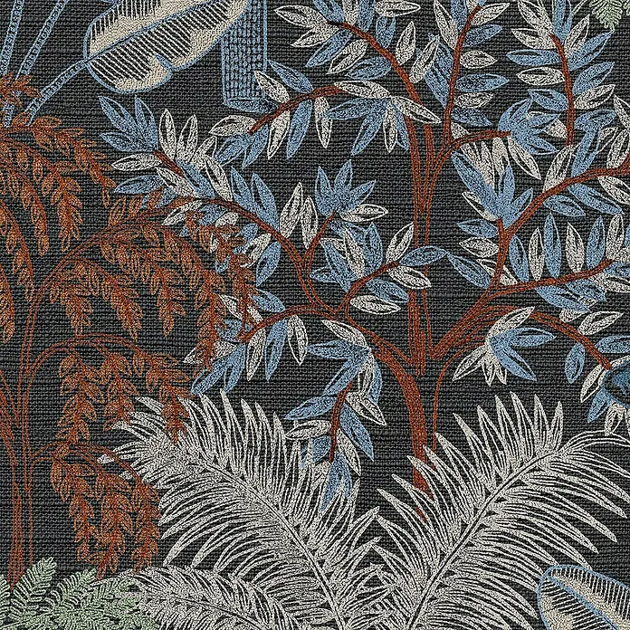 Papel pintado Botánico Palmeras - Negro, Floral, 10 x 0,53 m - El patrón de la tela presenta árboles y plantas estilizados en tonos de azul, marrón y gris sobre un fondo oscuro con textura.