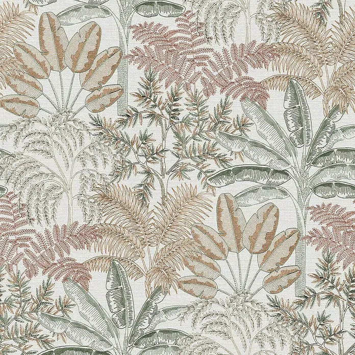 Papel pintado Botánico Palmeras - Beige, Floral, 10 x 0,53 m - Patrón de papel tapiz tropical con ilustraciones detalladas de hojas de plátano, helechos y otras plantas de la selva en tonos verdes, marrones y rosas.