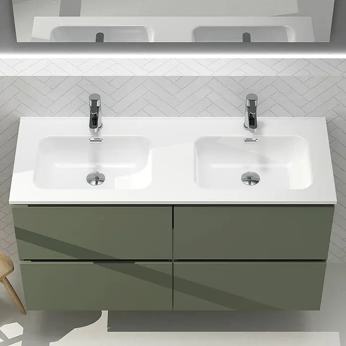 Artysan Conjunto de mueble de baño Harmony - Ancho: 120 cm, Verde musgo, 3 pzs. - Un tocador doble moderno con cajones verdes y dos lavabos, perfecto para cualquier baño. Diseño atemporal.
