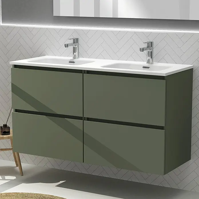 Artysan Conjunto de mueble de baño Harmony - Ancho: 120 cm, Verde musgo, 3 pzs. - Moderno mueble de baño en verde oliva con doble lavabo y cuatro cajones para un diseño de baño elegante y práctico.