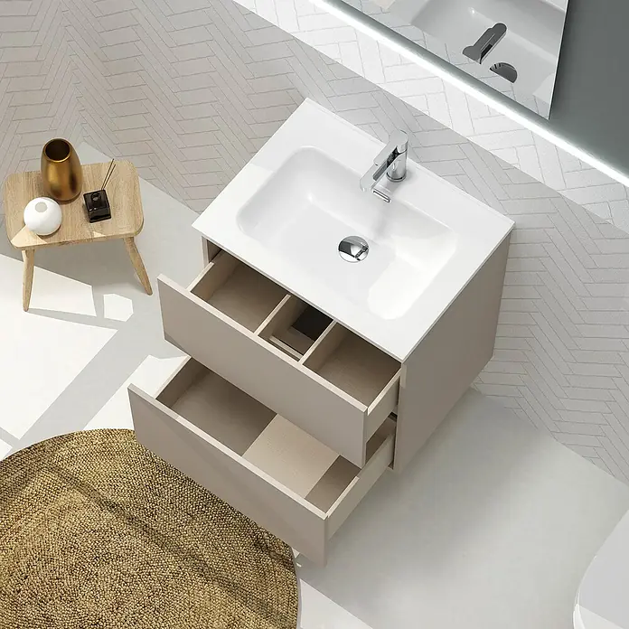 Artysan Conjunto de mueble de baño Harmony - Ancho: 60 cm, Visón, 3 pzs. - Mueble de baño moderno con cajones abiertos y lavabo blanco, ideal para un ambiente de baño elegante.