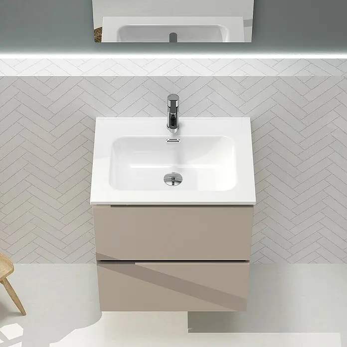 Artysan Conjunto de mueble de baño Harmony - Ancho: 60 cm, Visón, 3 pzs. - Un moderno mueble de baño con lavabo blanco y mueble de tocador color topo, perfecto para un baño elegante.