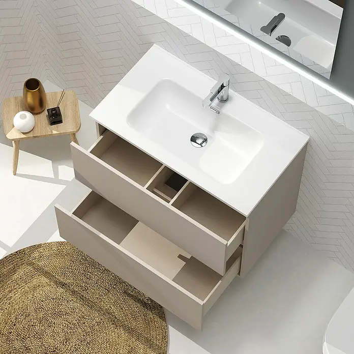 Artysan Conjunto de mueble de baño Harmony - Ancho: 80 cm, Visón, 3 pzs. - Mueble de baño moderno con dos cajones y lavabo sobre encimera blanco, que combina funcionalidad y estilo.