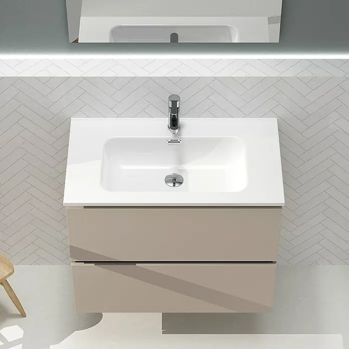 Artysan Conjunto de mueble de baño Harmony - Ancho: 80 cm, Visón, 3 pzs. - Primer plano de un moderno mueble de baño con cajones beige y un lavabo blanco.