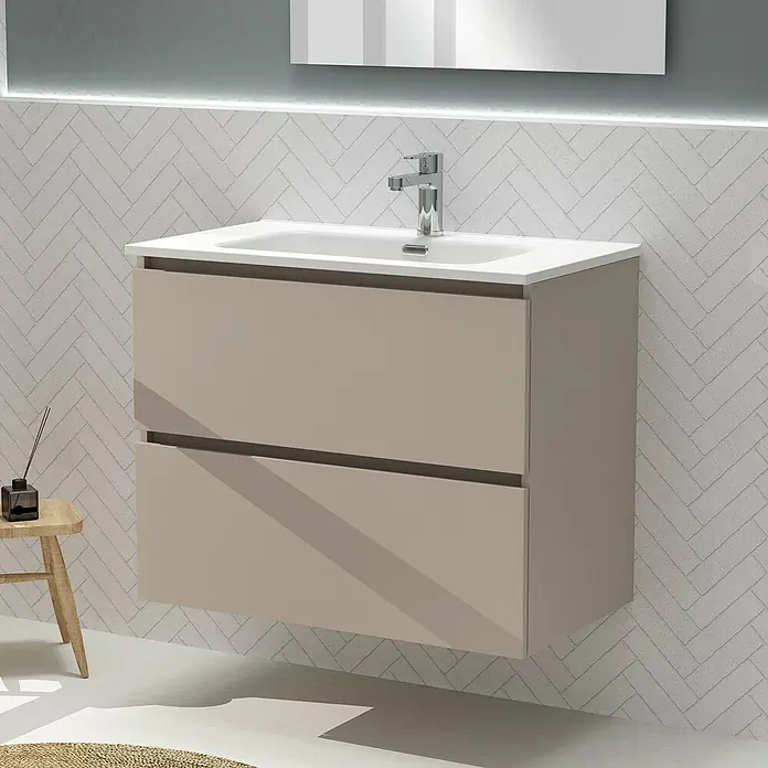Artysan Conjunto de mueble de baño Harmony - Ancho: 80 cm, Visón, 3 pzs. - Moderno baño con elegante mueble de lavabo beige con un lavabo elegante y un grifo minimalista.
