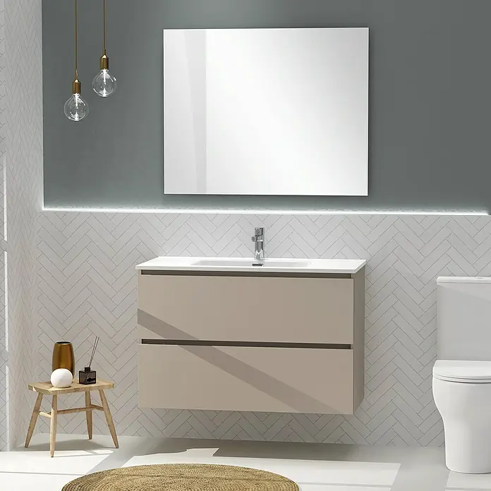 Artysan Conjunto de mueble de baño Harmony - Ancho: 100 cm, Visón, 3 pzs. - Un elegante interior de baño con un moderno mueble de lavabo beige, un gran espejo y unas luces colgantes elegantes.
