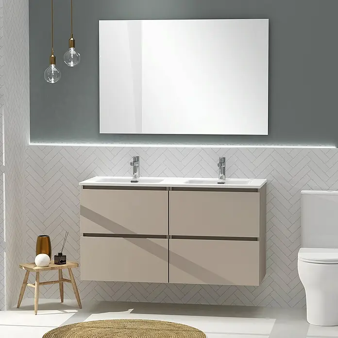 Artysan Conjunto de mueble de baño Harmony - Ancho: 120 cm, Visón, 3 pzs. - Interior de baño moderno con mueble de doble lavabo, espejo grande y luces colgantes decorativas para un ambiente elegante.