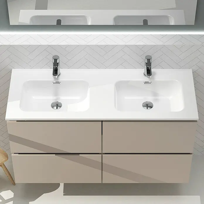 Artysan Conjunto de mueble de baño Harmony - Ancho: 120 cm, Visón, 3 pzs. - Elegante tocador de baño con doble lavabo y mueble beige. El diseño moderno se acentúa con los grifos y el espejo.