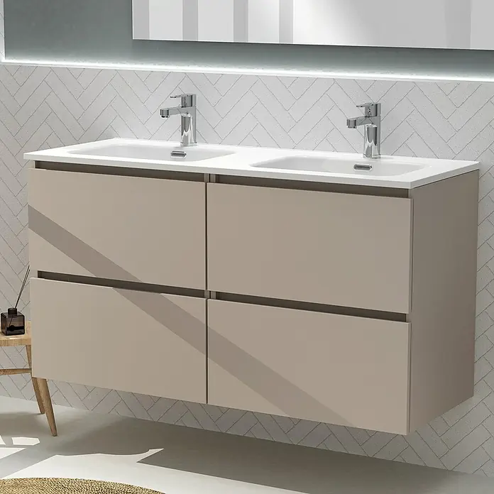 Artysan Conjunto de mueble de baño Harmony - Ancho: 120 cm, Visón, 3 pzs. - Instalación de baño con mueble bajo beige y doble lavabo para un ambiente de baño moderno.