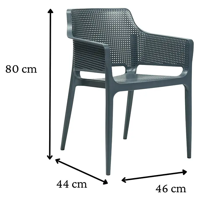 Bonlay Gartensessel Luna - Kunststoff, Anthrazit, B x T x H: 46 x 44 x 80 cm - Abbildung eines modernen grauen Armlehnstuhls mit den Maßen 80cm Höhe, 44cm Breite und 46cm Tiefe.